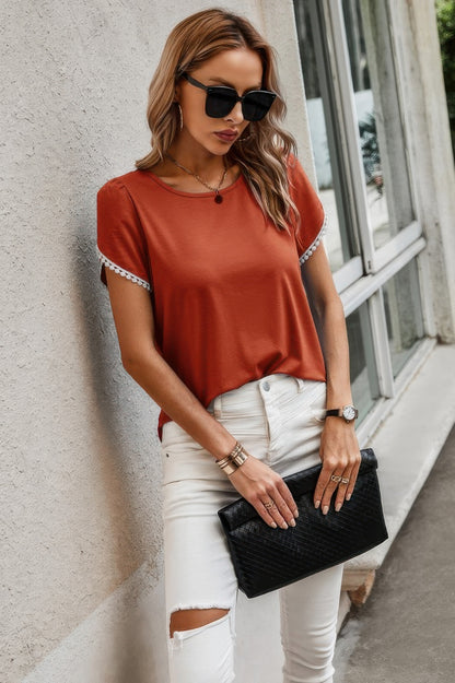 Crewneck Short Sleeve Lace Trim Loose T Shirts - Tigbul's Variety Fashion Shop