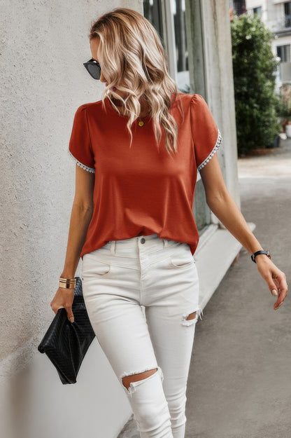 Crewneck Short Sleeve Lace Trim Loose T Shirts - Tigbul's Variety Fashion Shop