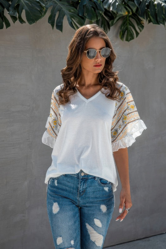 Splicing Print V Neck Ruffle Elegant Top - Tigbul's Variety Fashion Shop