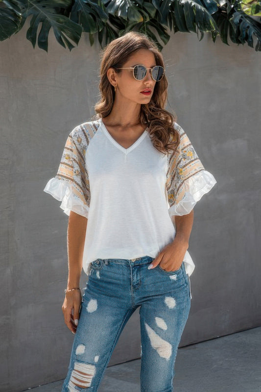 Splicing Print V Neck Ruffle Elegant Top - Tigbul's Variety Fashion Shop
