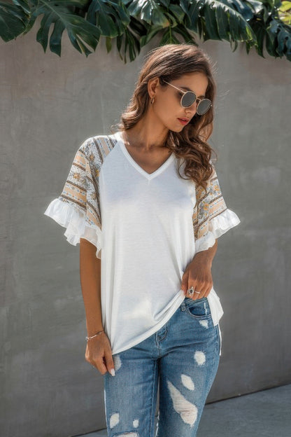 Splicing Print V Neck Ruffle Elegant Top - Tigbul's Variety Fashion Shop