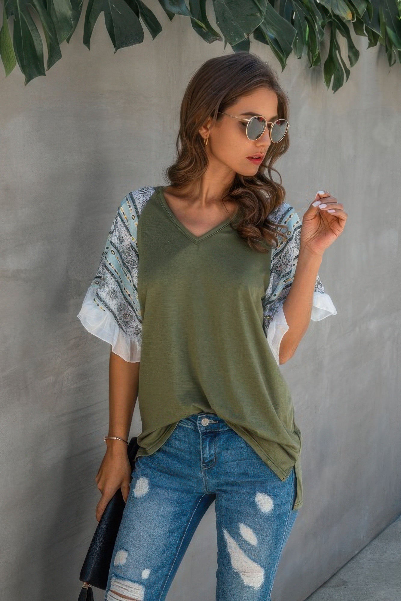 Splicing Print V Neck Ruffle Elegant Top - Tigbul's Variety Fashion Shop