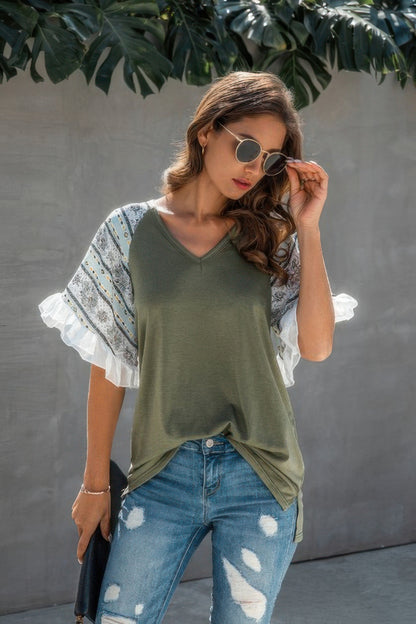Splicing Print V Neck Ruffle Elegant Top - Tigbul's Variety Fashion Shop