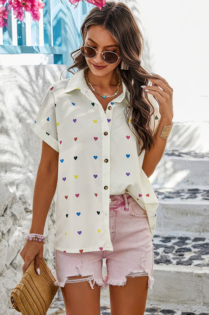 Heart Print Button Down Short Sleeve Loose Shirt - Tigbul's Variety Fashion Shop