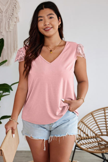 Pink V Neck Lace Splicing Back Bowknot T Shirt - Tigbul's Variety Fashion Shop