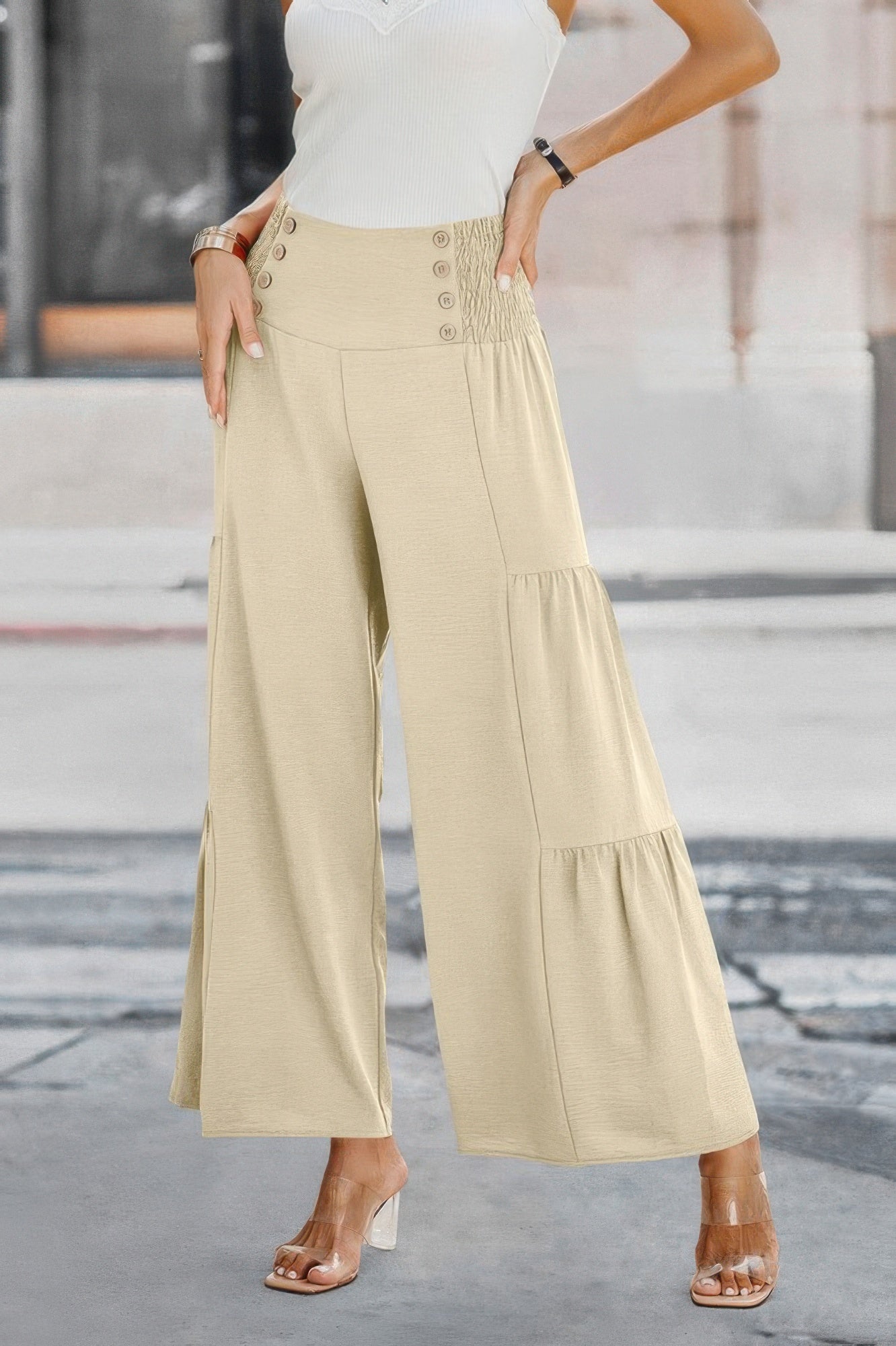 Elastic High Waist Wide Leg Long Palazzo Pants - Tigbul's Variety Fashion Shop