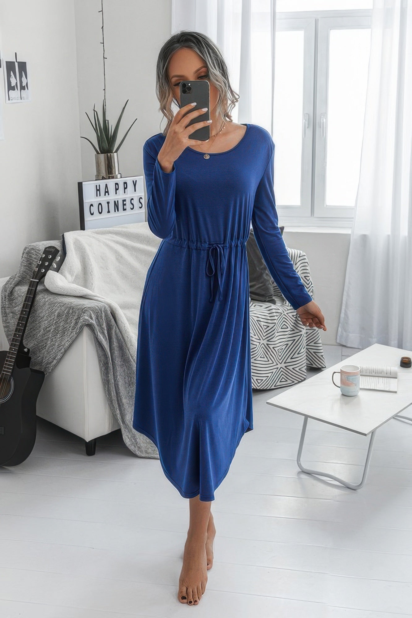 Solid Round Neck Long Sleeve Drawstring Dress - Tigbul's Variety Fashion Shop