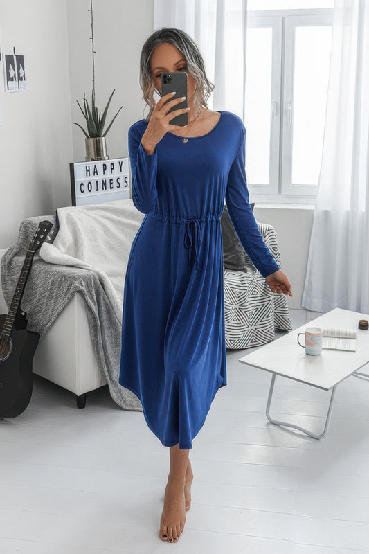 Solid Round Neck Long Sleeve Drawstring Dress - Tigbul's Variety Fashion Shop