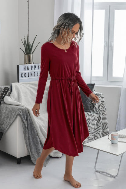 Solid Round Neck Long Sleeve Drawstring Dress - Tigbul's Variety Fashion Shop