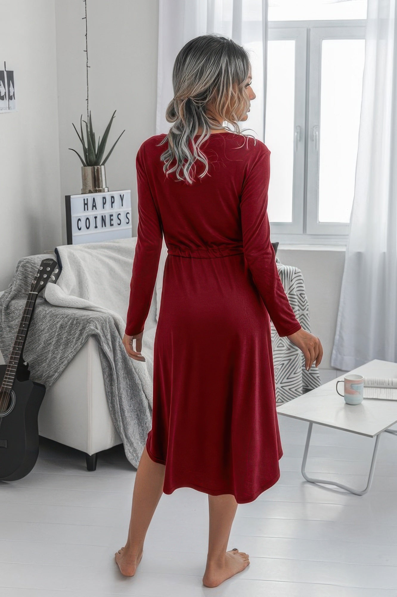 Solid Round Neck Long Sleeve Drawstring Dress - Tigbul's Variety Fashion Shop