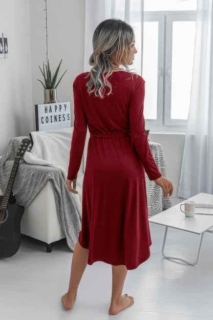Solid Round Neck Long Sleeve Drawstring Dress - Tigbul's Variety Fashion Shop