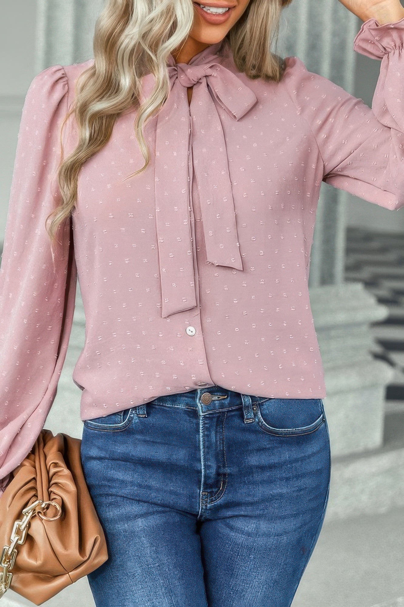 Solid Swiss Dot Neck Tie Detail Blouse - Tigbul's Variety Fashion Shop