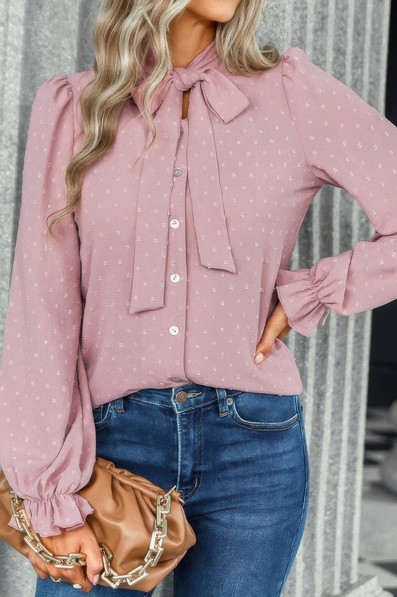 Solid Swiss Dot Neck Tie Detail Blouse - Tigbul's Variety Fashion Shop