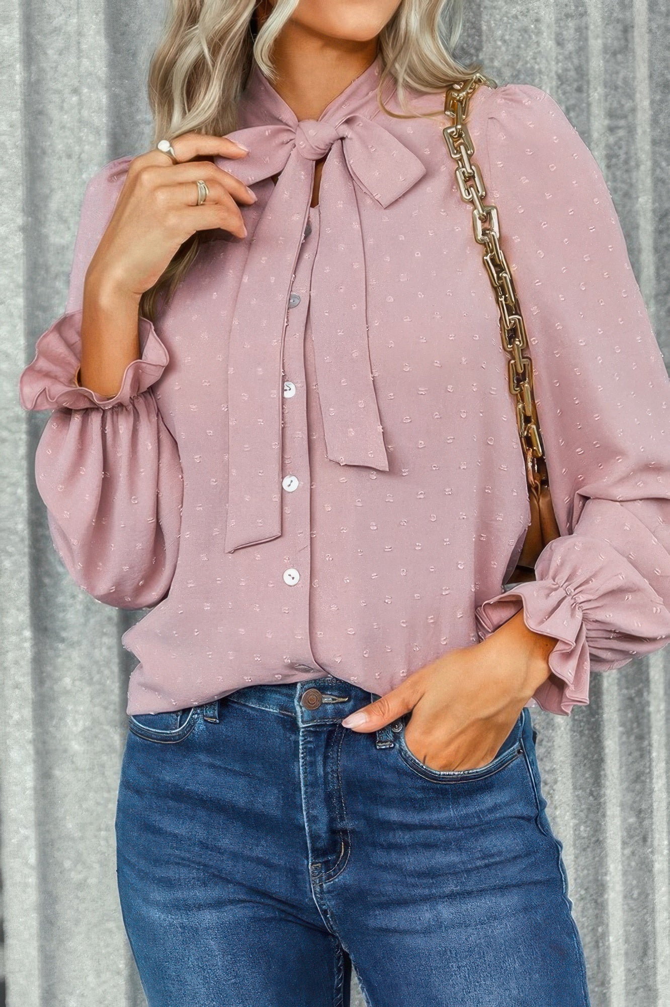 Solid Swiss Dot Neck Tie Detail Blouse - Tigbul's Variety Fashion Shop