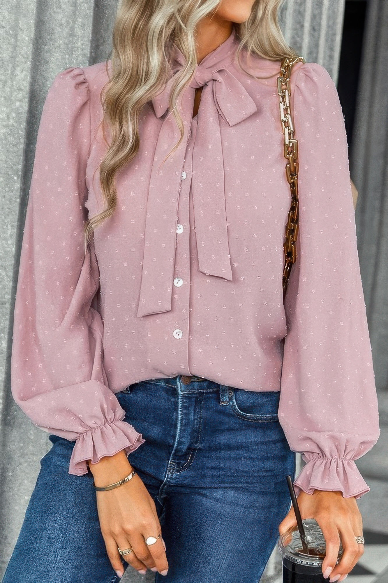 Solid Swiss Dot Neck Tie Detail Blouse - Tigbul's Variety Fashion Shop