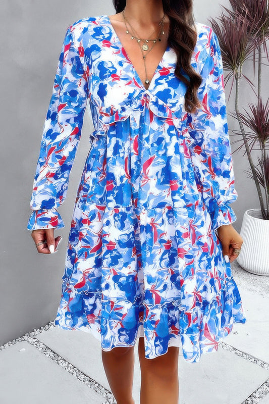 Elegant Printed V Neck Ruffled A Line Mini Dress - Tigbul's Variety Fashion Shop