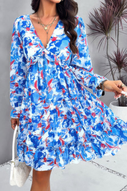 Elegant Printed V Neck Ruffled A Line Mini Dress - Tigbul's Variety Fashion Shop