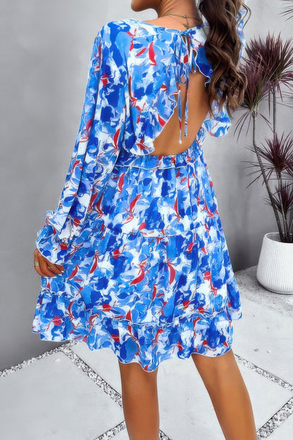 Elegant Printed V Neck Ruffled A Line Mini Dress - Tigbul's Variety Fashion Shop
