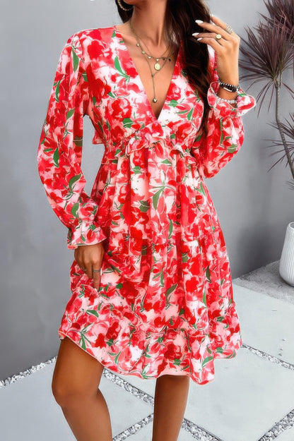 Elegant Printed V Neck Ruffled A Line Mini Dress - Tigbul's Variety Fashion Shop