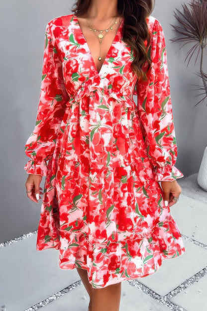 Elegant Printed V Neck Ruffled A Line Mini Dress - Tigbul's Variety Fashion Shop