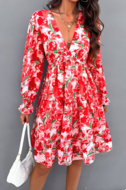 Elegant Printed V Neck Ruffled A Line Mini Dress - Tigbul's Variety Fashion Shop