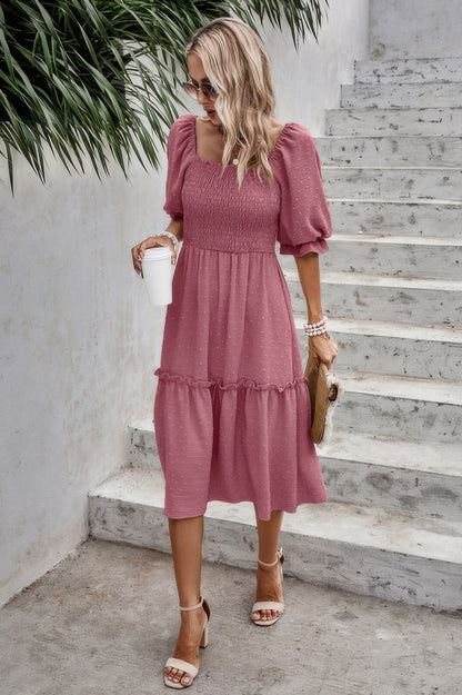 Square Neck Puff Sleeve Ruffle Hem Dress - Tigbul's Variety Fashion Shop