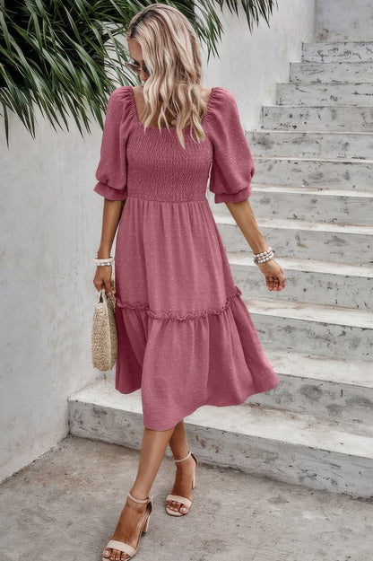 Square Neck Puff Sleeve Ruffle Hem Dress - Tigbul's Variety Fashion Shop