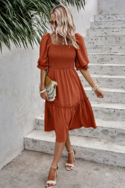 Square Neck Puff Sleeve Ruffle Hem Dress - Tigbul's Variety Fashion Shop