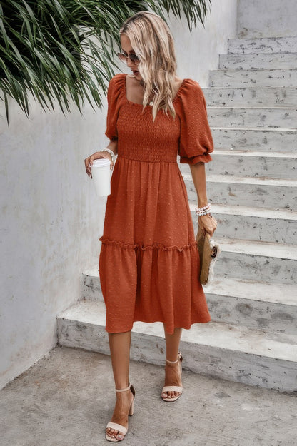 Square Neck Puff Sleeve Ruffle Hem Dress - Tigbul's Variety Fashion Shop
