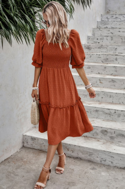 Square Neck Puff Sleeve Ruffle Hem Dress - Tigbul's Variety Fashion Shop