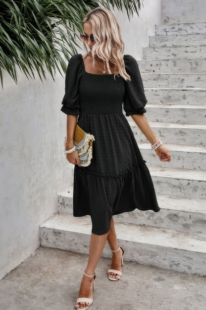 Square Neck Puff Sleeve Ruffle Hem Dress - Tigbul's Variety Fashion Shop