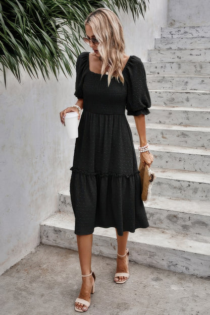 Square Neck Puff Sleeve Ruffle Hem Dress - Tigbul's Variety Fashion Shop