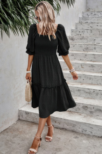 Square Neck Puff Sleeve Ruffle Hem Dress - Tigbul's Variety Fashion Shop