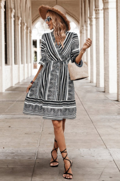 Allover Print Surplice Neck Ruffle Hem Fit Dress - Tigbul's Variety Fashion Shop