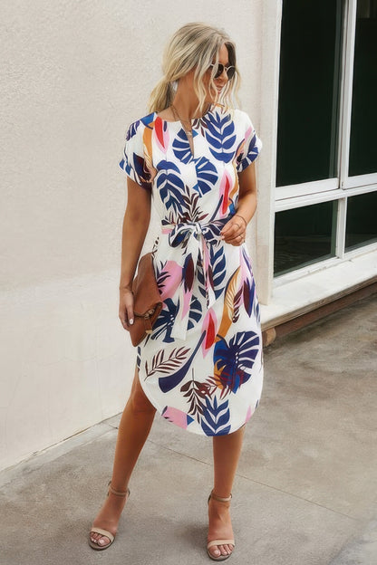 Notched Neck Floral Print Belted Fit Dress - Tigbul's Variety Fashion Shop