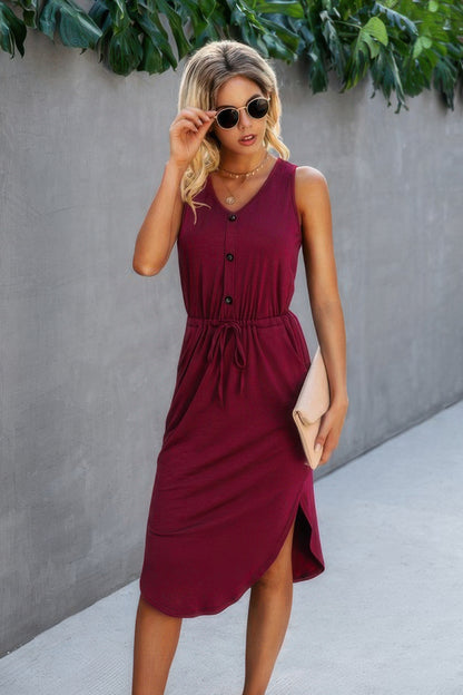 Solid V Neck Drawstring Waist Curved Hem Dress - Tigbul's Variety Fashion Shop