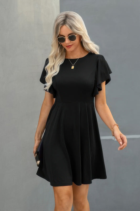 Elegant Solid Crew Neck Butterfly Sleeve Slim Dress - Tigbul's Variety Fashion Shop