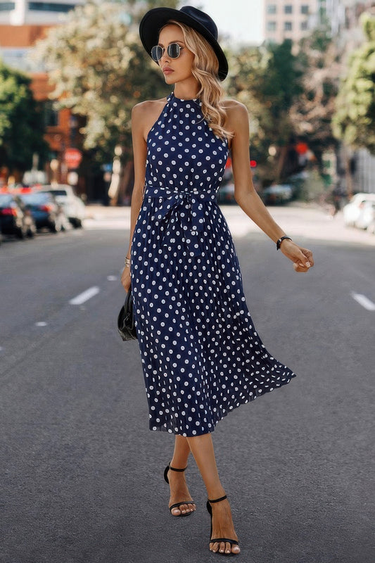 Dot Print Open Shoulder Fit Knot Belt Dress - Tigbul's Variety Fashion Shop