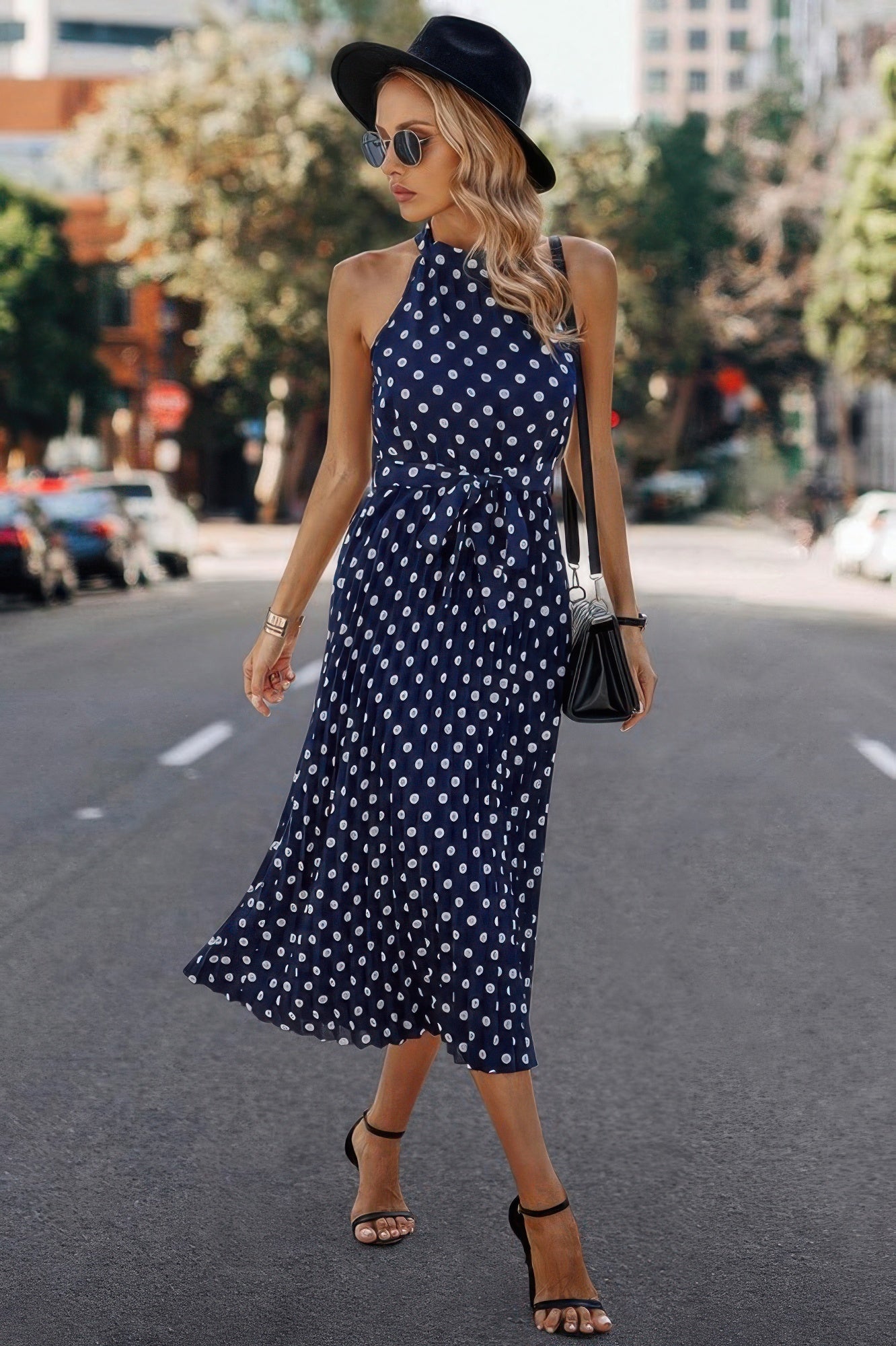 Dot Print Open Shoulder Fit Knot Belt Dress - Tigbul's Variety Fashion Shop