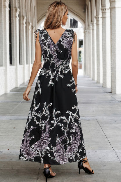 Cross V Neck Floral Print Sleeveless Fit Dress - Tigbul's Variety Fashion Shop