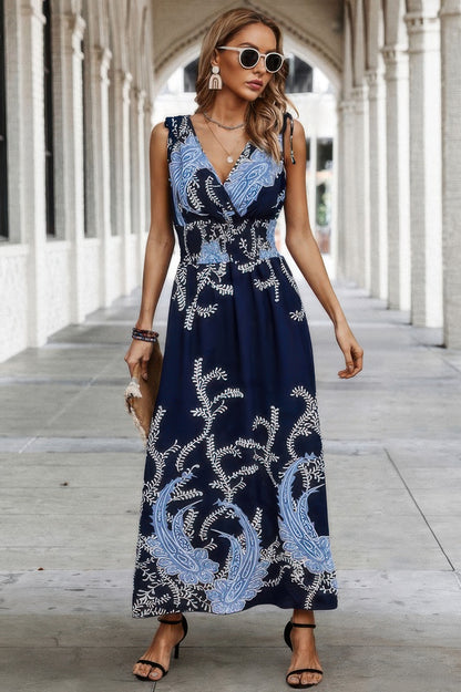 Cross V Neck Floral Print Sleeveless Fit Dress - Tigbul's Variety Fashion Shop