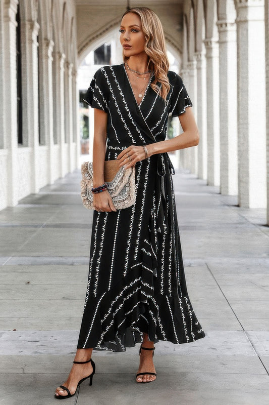 Strip Knot Belt Split V Neck Hem Ruffle Fit Dress - Tigbul's Variety Fashion Shop