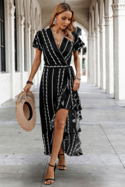 Strip Knot Belt Split V Neck Hem Ruffle Fit Dress - Tigbul's Variety Fashion Shop