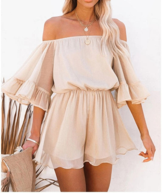 Off Shoulder Flounce Bell Sleeve Romper - Tigbul's Variety Fashion Shop