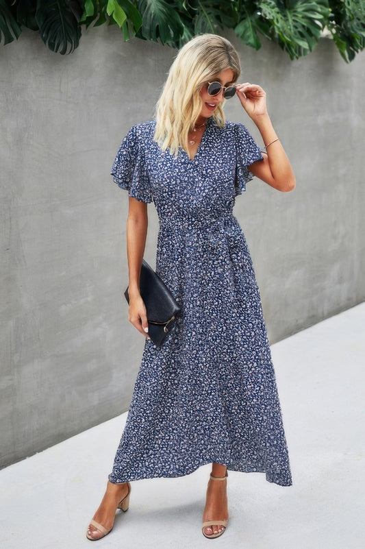 V Neck Blue Floral Short Sleeve Wrap Dress - Tigbul's Variety Fashion Shop