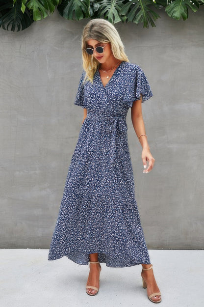 V Neck Blue Floral Short Sleeve Wrap Dress - Tigbul's Variety Fashion Shop