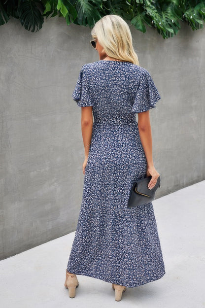 V Neck Blue Floral Short Sleeve Wrap Dress - Tigbul's Variety Fashion Shop
