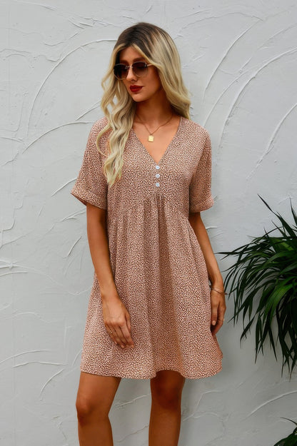 Khaki Button V Neck Short Sleeve Tunic Short Dress - Tigbul's Variety Fashion Shop