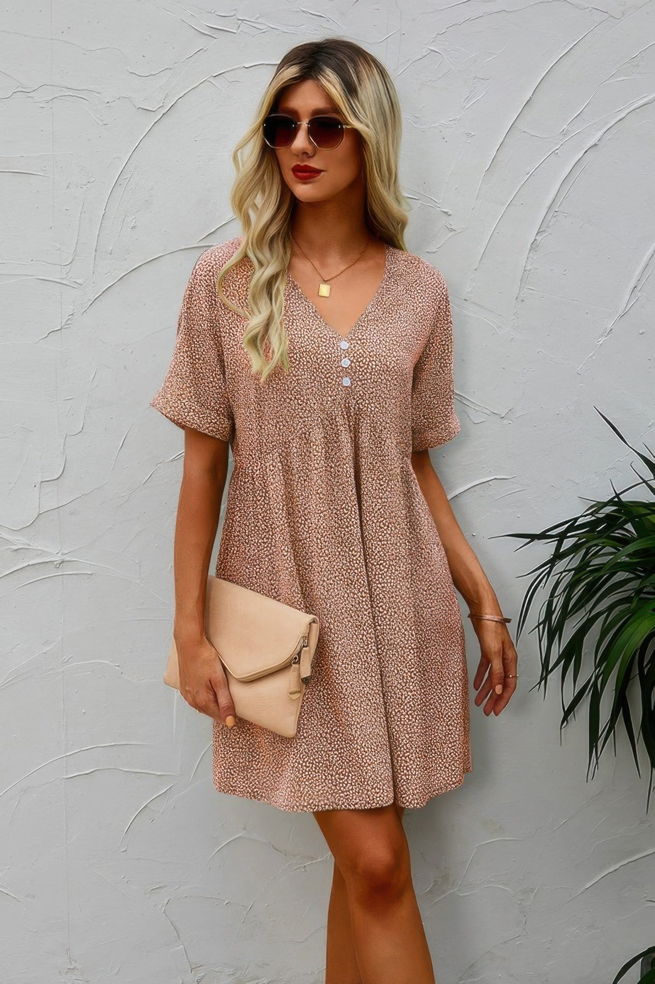 Khaki Button V Neck Short Sleeve Tunic Short Dress - Tigbul's Variety Fashion Shop