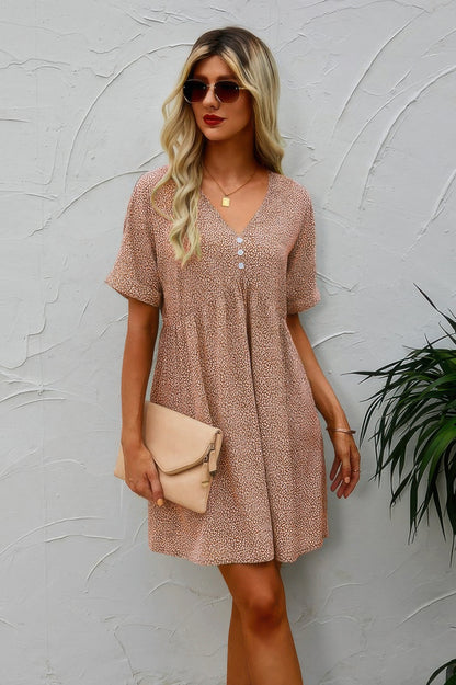 Khaki Button V Neck Short Sleeve Tunic Short Dress - Tigbul's Variety Fashion Shop